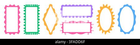 Groovy crayon chalk frame collection. Hand drawn grunge doodle wavy border, funky squiggle rectangle, oval and circle text box in retro kids style. Sketch shapes for poster and invitation design Stock Vector