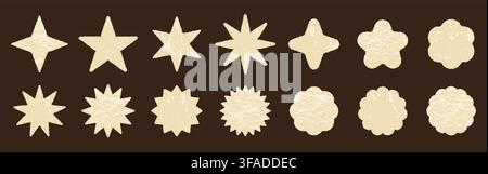 Crayon geometric star and flower shape set. Chalk textured pastel sparkle shapes rough pencil grungy texture. Kids freehand shine twinkle icons for sticker, label, tag sale coupon pattern retro design Stock Vector