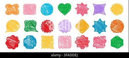 Crayon doodle geometric shape set. Abstract naive hand drawn colored forms, grunge grainy noise crayon texture. Rough stipple triangle square frames for playful childish badge sticker pastel design Stock Vector