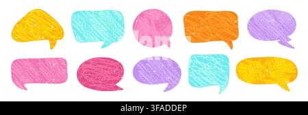 Crayon talk balloon and speech bubble set. Hand drawn chalk grunge comic dialog cloud, childlike pastel text frame in retro sketch style. Grunge decoration for chat, poster and comic sticker Stock Vector