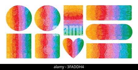 Vibrant crayon chalk pastel texture background. Rainbow gradient circle square, oval and heart shape doodle rough brush stroke, childish scribble texture. Pastel abstract pattern for playful design Stock Vector