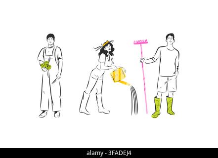 Gardeners Working in Garden, Man Holding Fresh Vegetables, Woman Watering Plants and Gardener with Rake, Gardening Vector Illustration Stock Vector
