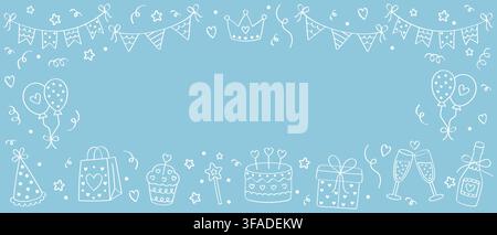 Birthday Party Doodle Frame with White Balloons, Bunting, Crown, Cake, Gifts, Champagne, Cupcake, Party Hat, Hearts and Confetti on Blue Background Stock Vector