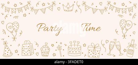 Elegant Birthday Party Frame with Gold Doodle Balloons, Bunting, Crown, Cake, Gifts, Champagne, Cupcake, Party Hat, Hearts and Confetti on Cream Stock Vector