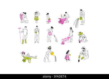 Family Gardening Set, Children Parents and Grandparents Working in Garden, Multigenerational Gardeners with Pets, Plants and Gardening Tools Vector Stock Vector