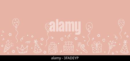 Birthday banner. Hand drawn party background with balloons, cake, gift box, crown and confetti. Vector design for greeting card, invitation, poster Stock Vector