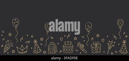 Birthday banner. Hand drawn party background with balloons, cake, gift box, crown, party hats, confetti and festive decorations. Vector design for Stock Vector