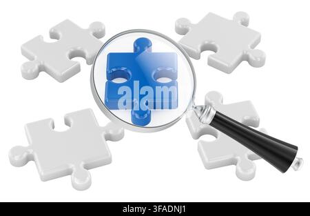 Magnifying glass highlighting blue puzzle piece for problem solving and analysis. 3D rendering isolated on white background Stock Photo