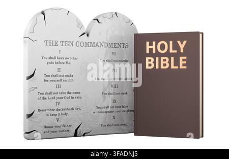 Ten Commandments stone tablets with Holy Bible. 3D rendering isolated on white background Stock Photo