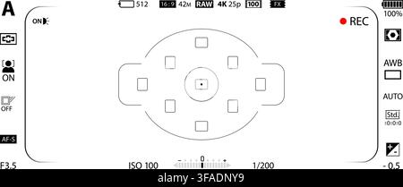 DSLR mirrorless camera rec overlay isolated on transparent bg. 21:9 recorder cam display. Video or photo recording screen. Viewfinder layout template. Stock Vector