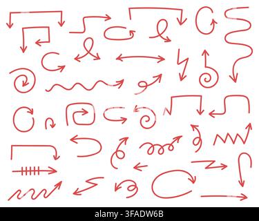 Red hand drawn arrows set isolated on white background. Doodle sketch directional signs, spiral, curved, and loop arrows for business presentation, hi Stock Vector