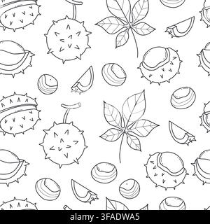 Outline Autumn Chestnut Seamless Pattern Hand Drawn. Black Linear Art Tree Leaf, Whole, Prickly Shell, Cracked, Empty Husk and Smooth Nut on White Bac Stock Vector