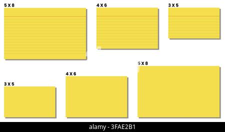 yellow cards in three labeled sizes combine lined fronts blank backs and shadows. Suitable for revision flashcards classroom notes filing labels printable inserts organization projects Stock Vector