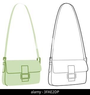 Baguette Cross-Body Bag silhouette. Fashion accessory technical illustration. Vector satchel front 3-4 view for Men, women, unisex style, flat handbag CAD mockup sketch outline isolated Stock Vector
