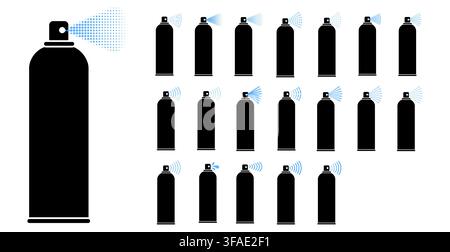 Set of twenty black aerosol can silhouettes presents varied blue mist particle jet arc wave patterns. Suits deodorant hairspray paint UI kits packaging beauty apps logos marks symbols Stock Vector