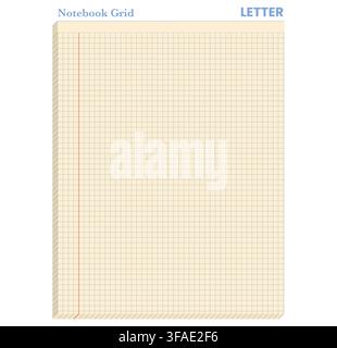Letter ivory graph glue pad sheet featuring blue square ruling, red margin, narrow bound edge, subtle lower shadow on white. Suitable for printable math pages, technical drafting or stationery layouts Stock Vector