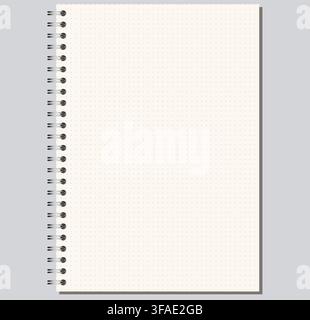 Ivory dotted grid notebook page shows fine ruling, side wire binding, and upright portrait format on light gray background. Suitable for schoolwork, planning, stationery layouts, notes and Stock Vector