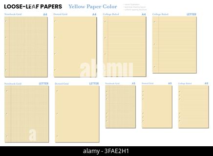 Yellow LETTER loose leaf dotted grid set displays punched holes and flat vector linework. For printable stationery, worksheets, planners, notes, office, school, writing, organization, layouts Stock Vector