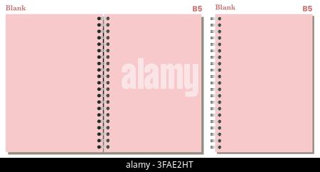 Set of pink blank B5 spiral pages has black side and center coils, clean rectangular sheets, and gray shadows. Useful for sketching, classwork, project planning, or editable layouts Stock Vector