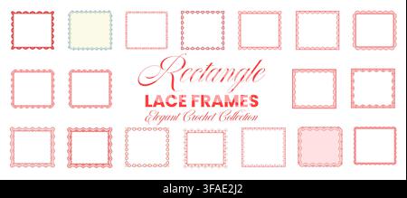 Rectangle lace frame set in red, pink, blue with scalloped crochet borders, heart chains, leafy motifs on white background for wedding invitations, craft cards, printable stationery label designs. Stock Vector