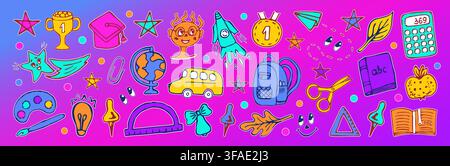 Back to school colorful vector doodle set. Color whimsical signs on pink and purple gradient background, stickers with thin white outline Stock Vector