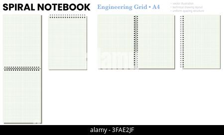 Pale Green engineering grid notebook page shows fine squared ruling, black wire binding, and varied formats on light gray background. Suitable for schoolwork, planning, stationery layouts, notes and Stock Vector