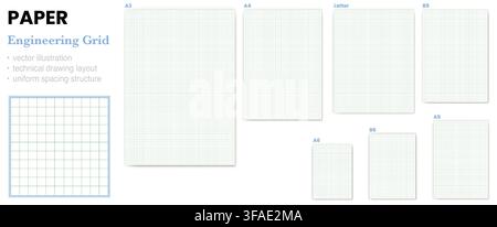 Paper Sheet Set displays seven labeled sheets in A3 A4 Letter B5 A5 A6 and B6 proportions. Ideal for printable collections, stationery catalogs, education resources, size comparisons Stock Vector