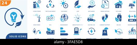 green energy solid icon set collection for eco friendly, clean power, environment, renewable technology, and sustainability design elements. Stock Vector