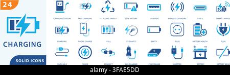 charging and battery solid icon set featuring electric vehicle charging, usb, wireless power, battery status, adapters, power banks and energy technol Stock Vector