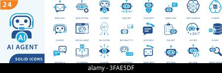 ai agent solid icon set featuring chatbot, virtual assistant, artificial intelligence, machine learning, natural language processing, and other Stock Vector