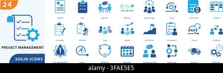 project management solid icon set collection for business, planning, workflow, agile development, and team strategy design elements. Stock Vector