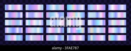 Iridescent gradient swatches. Foil Palette and holo satin. Premium design palette on dark background. Vector foil texture set Stock Vector