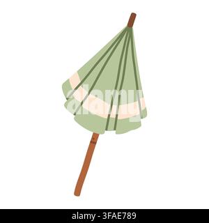 Closed green striped beach umbrella vector illustration. Compact summer parasol isolated on white background Stock Vector