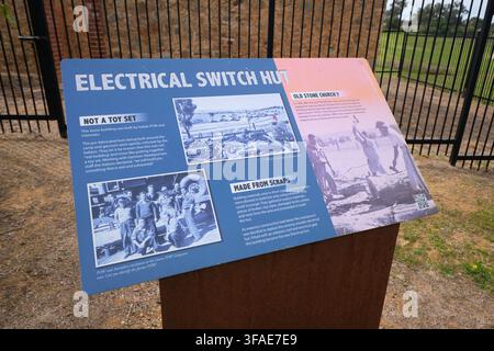 Sign for the stone electrical switch hut. At the WWII Japanese POW campsite in Cowra, NSW, Australia. Stock Photo