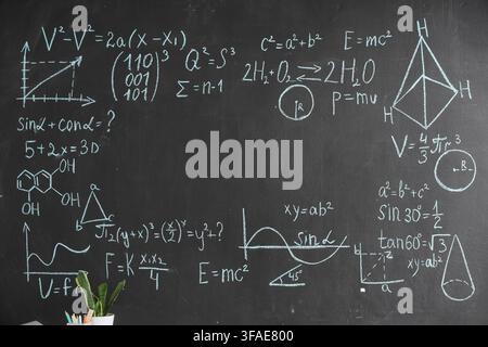 Education and learning concept, complex math and science formulas written in chalk on a blackboard for school or university Stock Photo