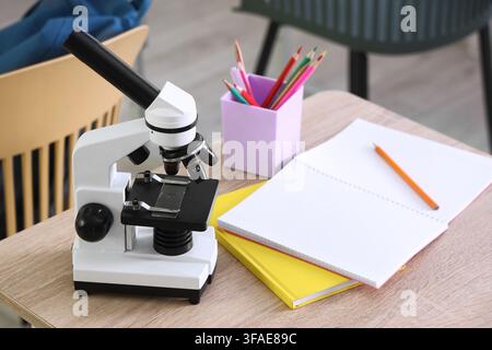 Science education and learning concept, microscope with school supplies on a wooden desk for biology and chemistry studies Stock Photo