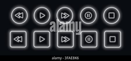 Neon media player buttons. White glowing audio control icons. Stock Vector