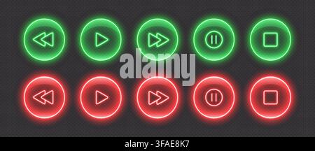 Neon media player buttons. Glossy glowing audio control icons. Stock Vector