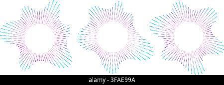 Sound equalizer icons with lines and dots, gradient neon circular sound wave frames, abstract radial music icons. Stock Vector