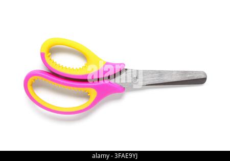 Childrens safety scissors for school and craft projects, colorful pink and yellow handles, isolated on white background Stock Photo