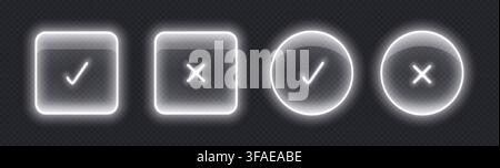 Neon checkmark icons, glowing check buttons, illuminated signs. Stock Vector