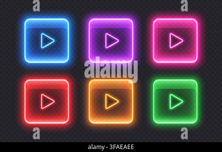 Neon media play buttons. Colorful glowing glossy audio control icons Stock Vector