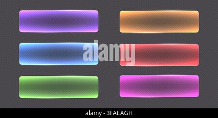 Transparent glass buttons with glowing neon edges. Futuristic rounded action buttons. Stock Vector