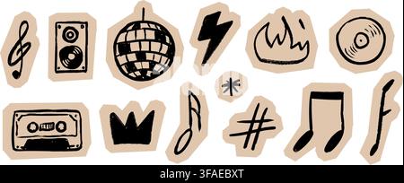 Scrapbook hand drawn music sticker collection. Crayon doodle music set on cutout paper. Collage style scribble symbols with disco ball, speaker, fire, cassette, vinyl. Vector festival poster pack Stock Vector