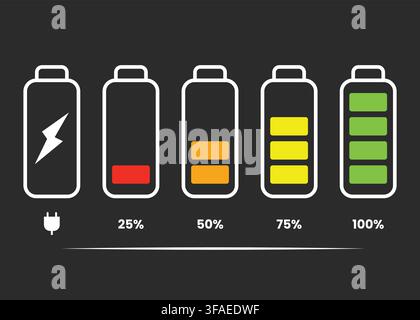 Clean battery charging illustration showing power levels from low to full, with charging symbols and percentage indicators for energy and technology d Stock Vector