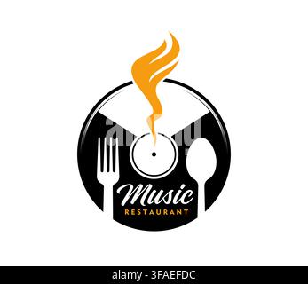 Live music restaurant bar icon, spoon, fork, vinyl Stock Vector