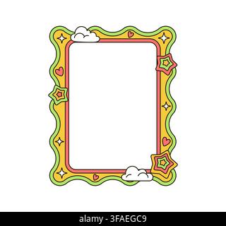 Cartoon retro groovy wavy frame with stars, hearts Stock Vector