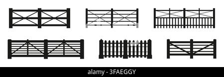 Wooden ranch fence barriers and gates silhouettes Stock Vector