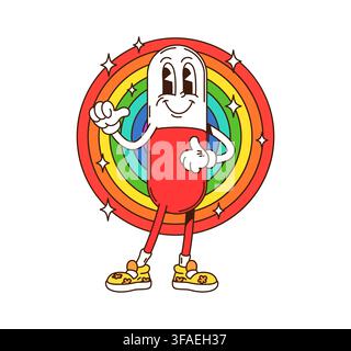 Retro groovy medicine capsule character Stock Vector