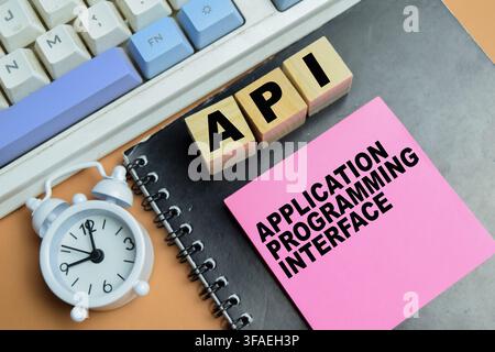Concept of API - Application Programming Interface write on sticky notes isolated on table. Stock Photo